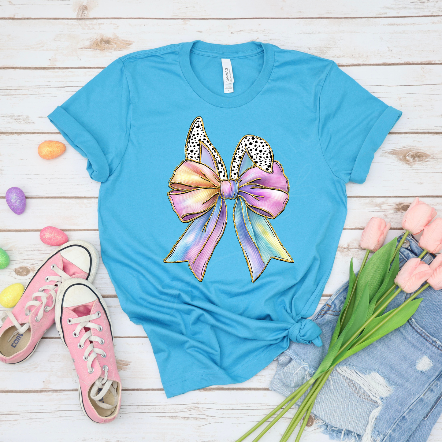 Spotted Ears Bow - Aqua Bella Canvas