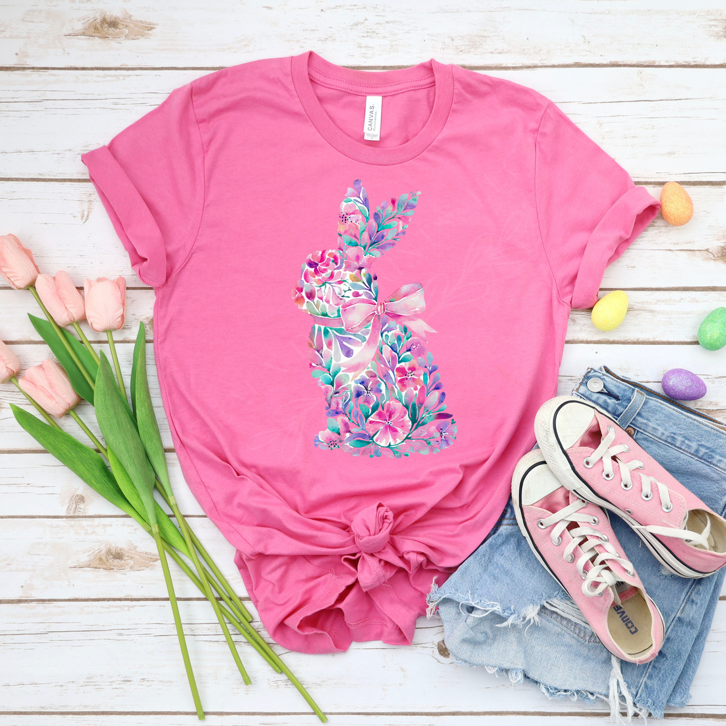 Floral Bunny - Charity Pink Bella Canvas