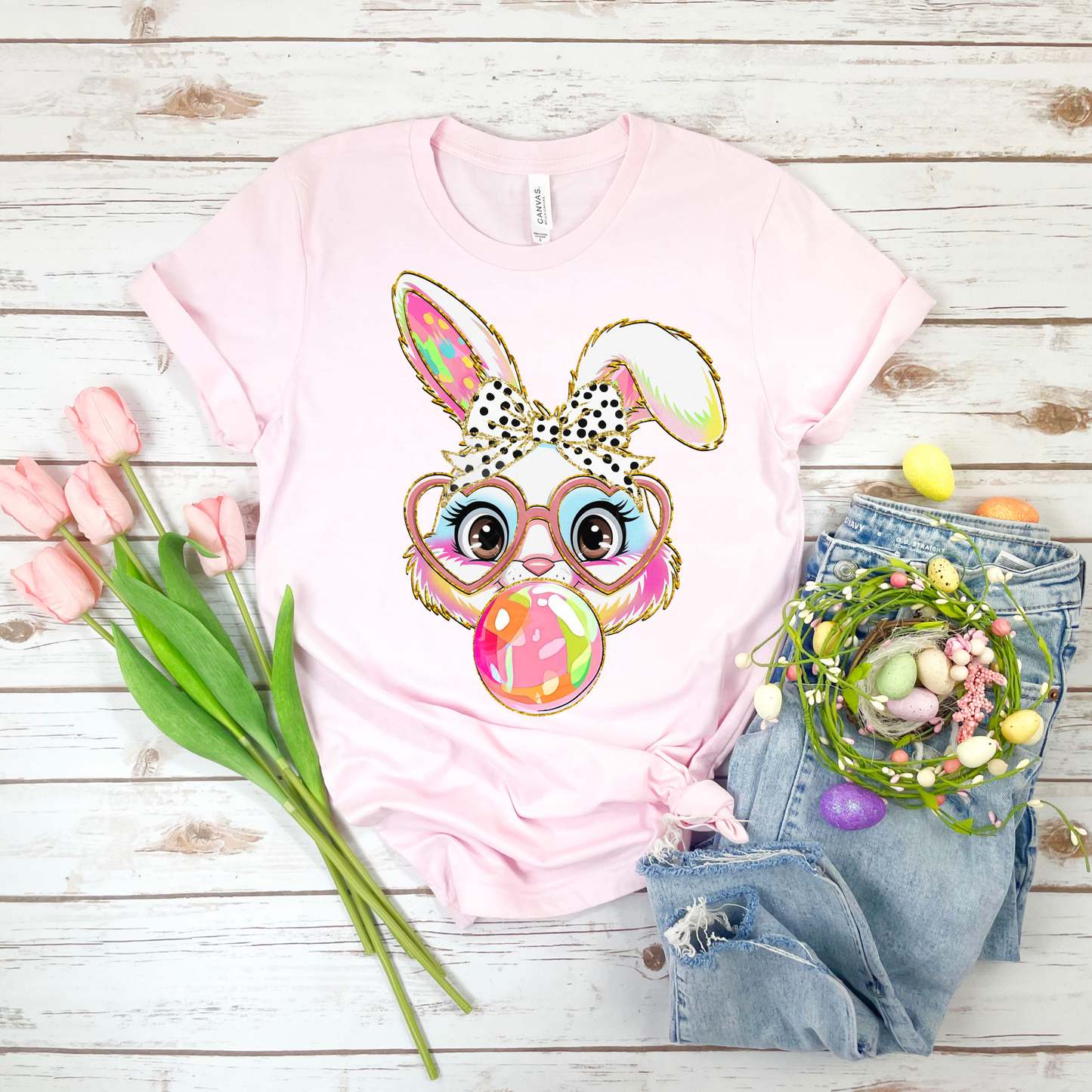 Poppin' Bubbles Bunny - Soft Pink Bella Canvas