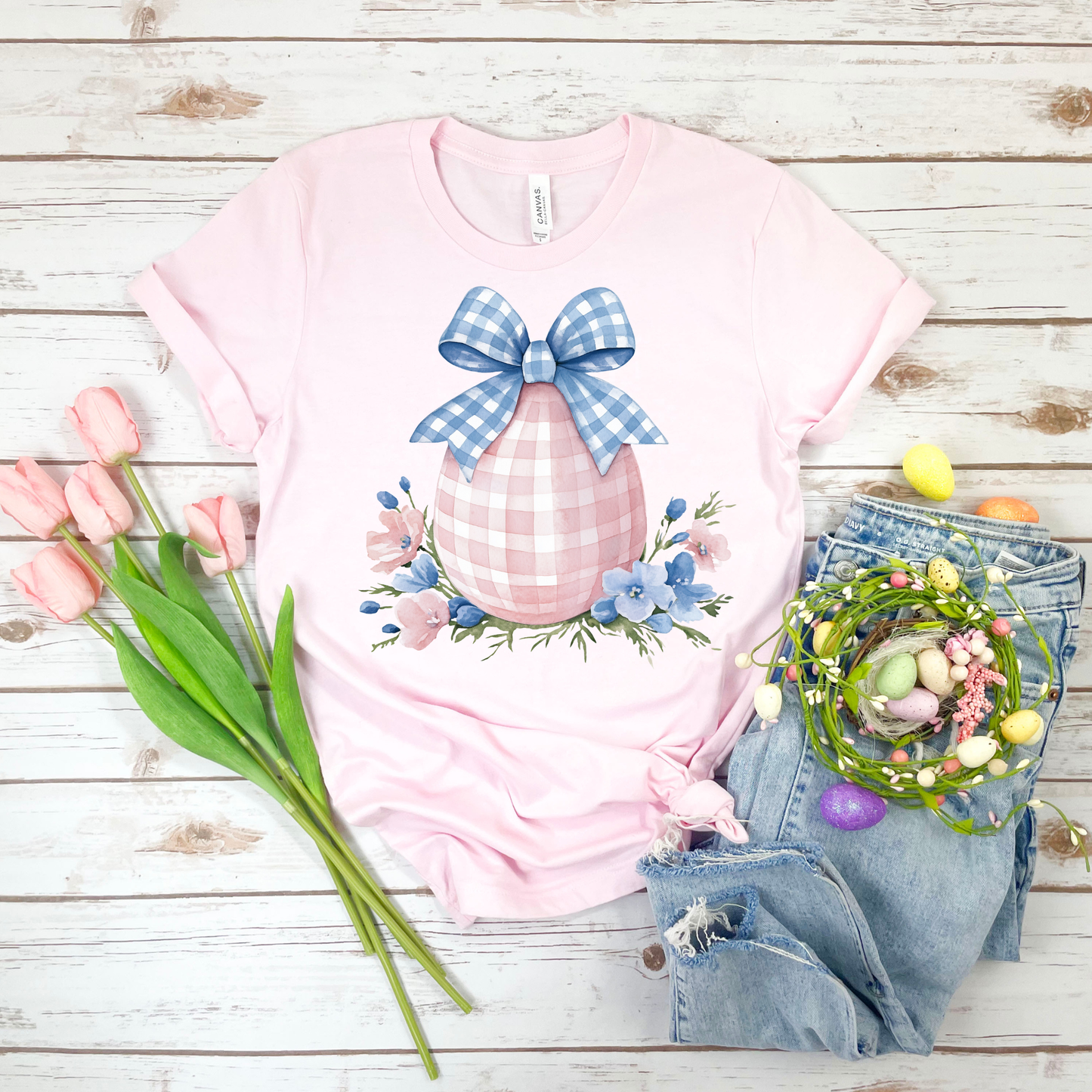 Pink Plaid Egg w/Blue Bow - Soft Pink