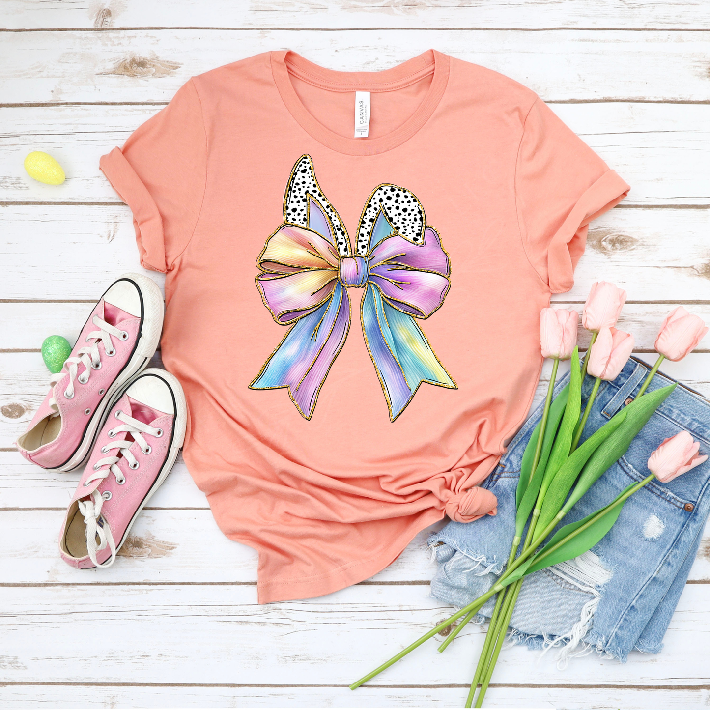 Spotted Ears Bow - Sunset Bella Canvas