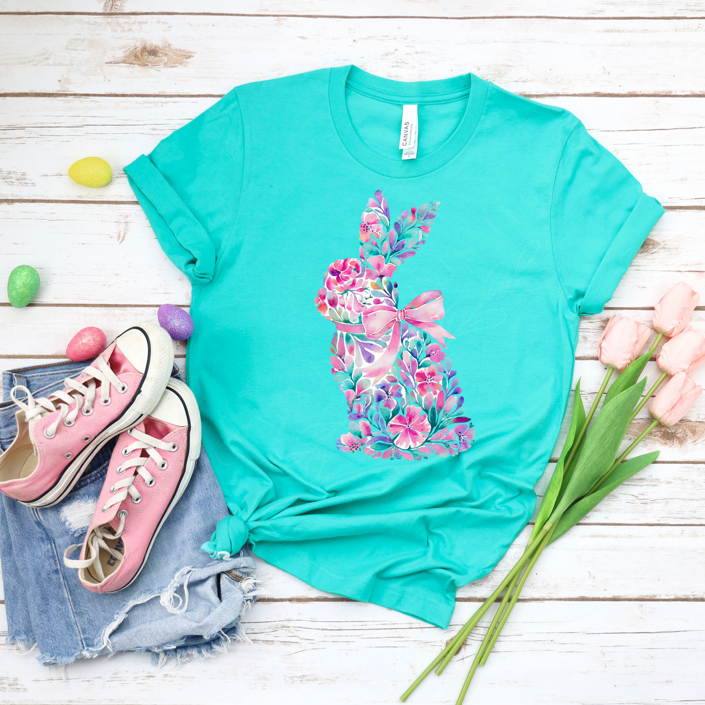 Floral Bunny - Teal Bella Canvas