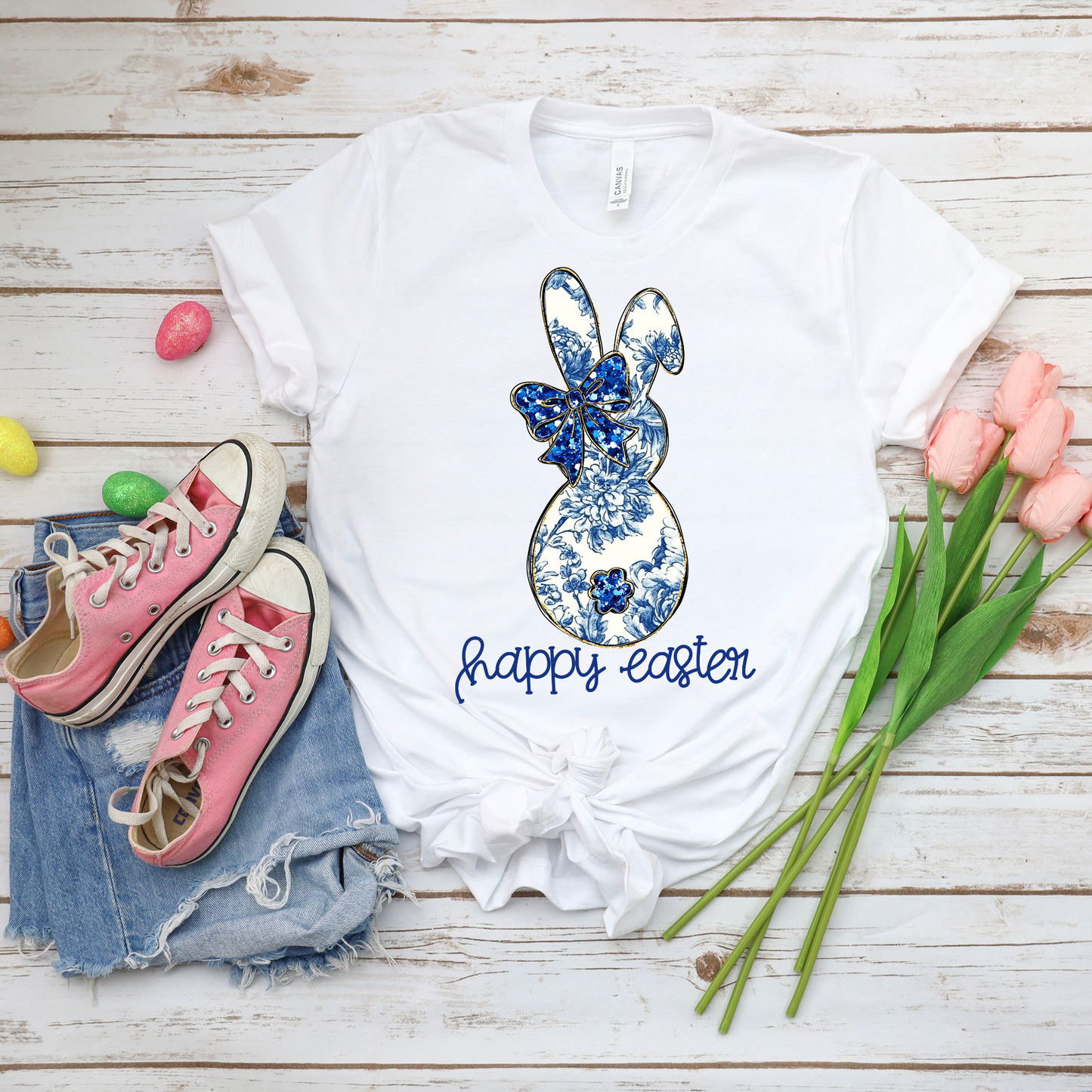 Happy Easter Floral Bunny - White Bella Canvas