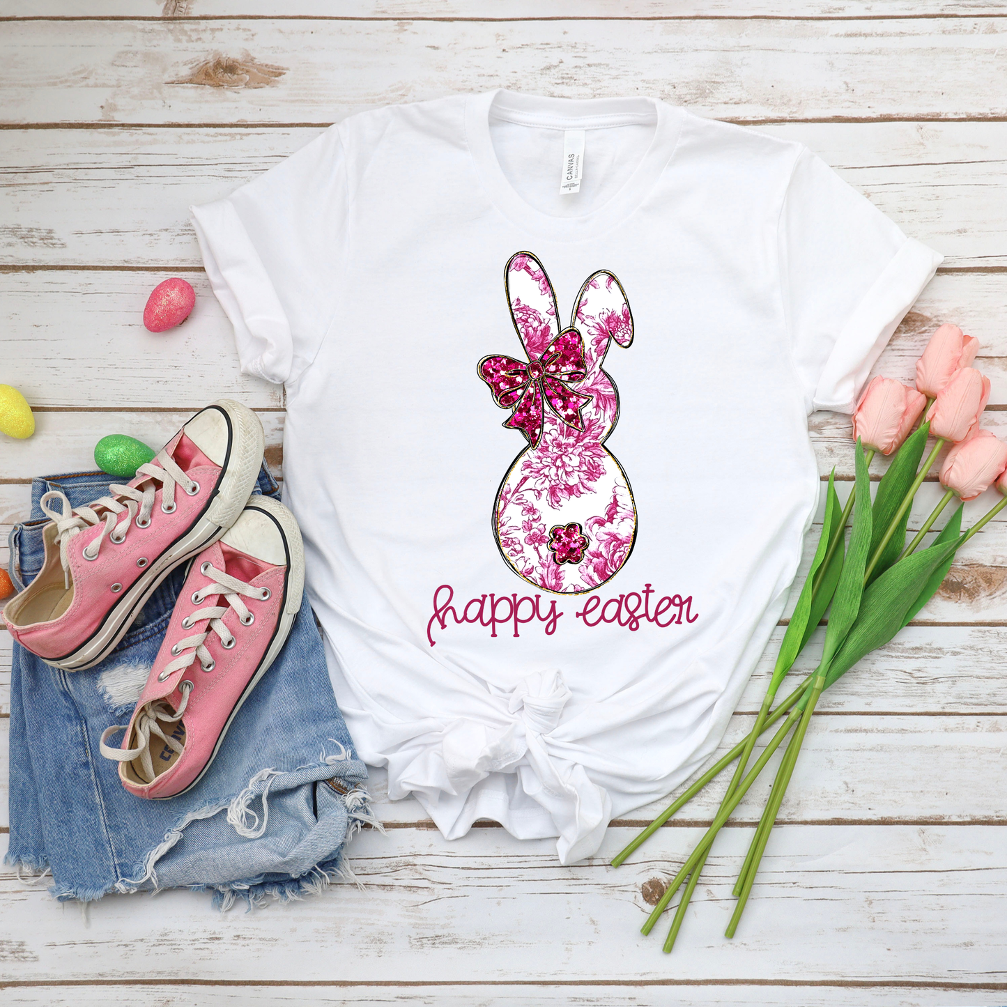 Happy Easter Floral Bunny - White Bella Canvas