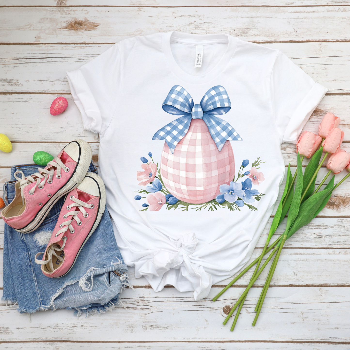Pink Plaid Egg w/Blue Bow - White Bella Canvas