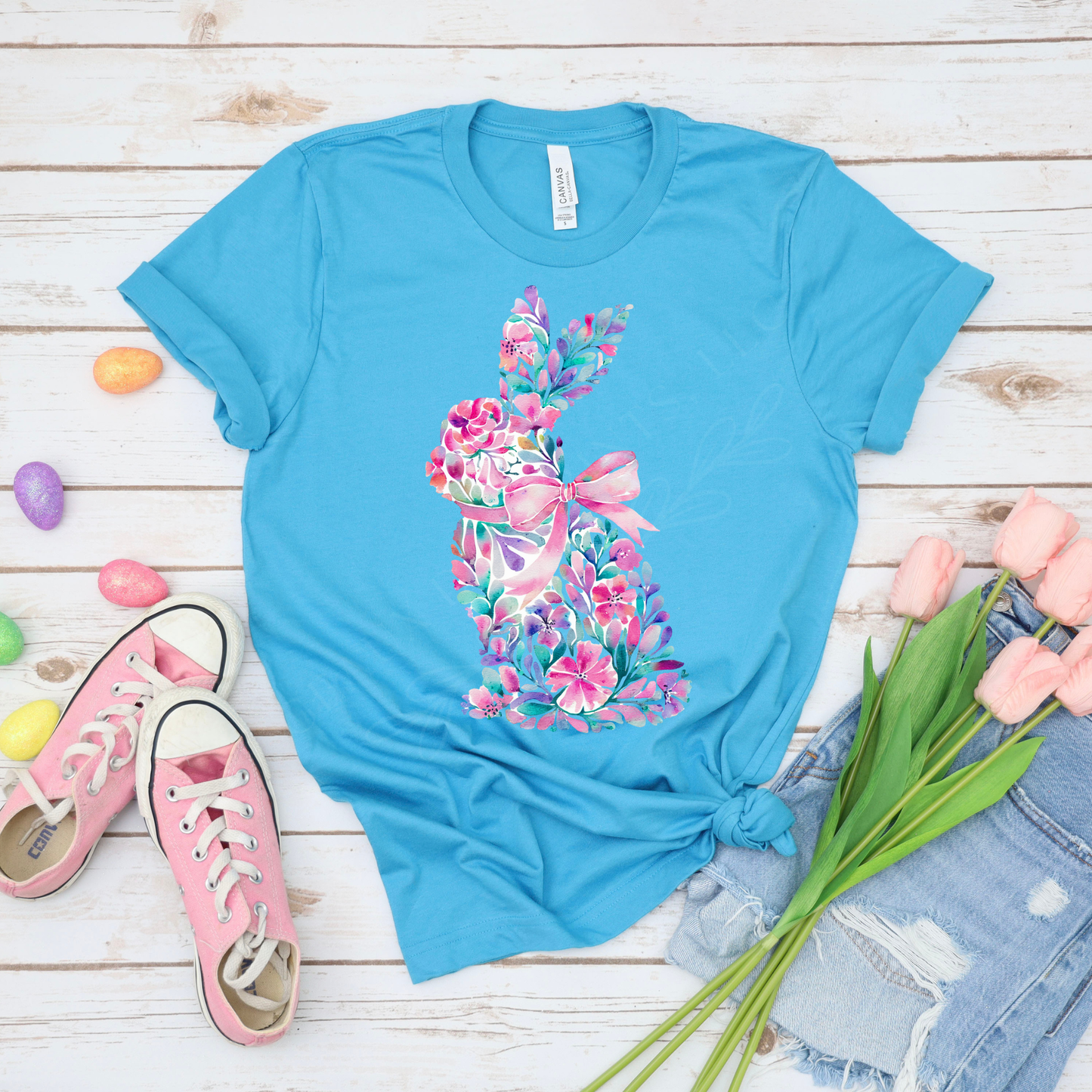 Floral Bunny - Aqua Bella Canvas