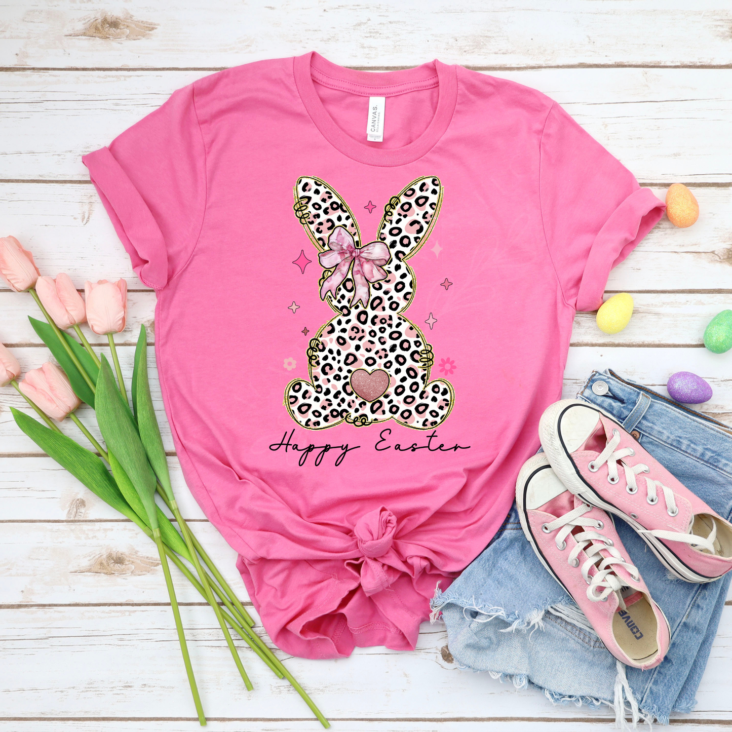 Leopard Easter Bunny - Charity Pink Bella Canvas