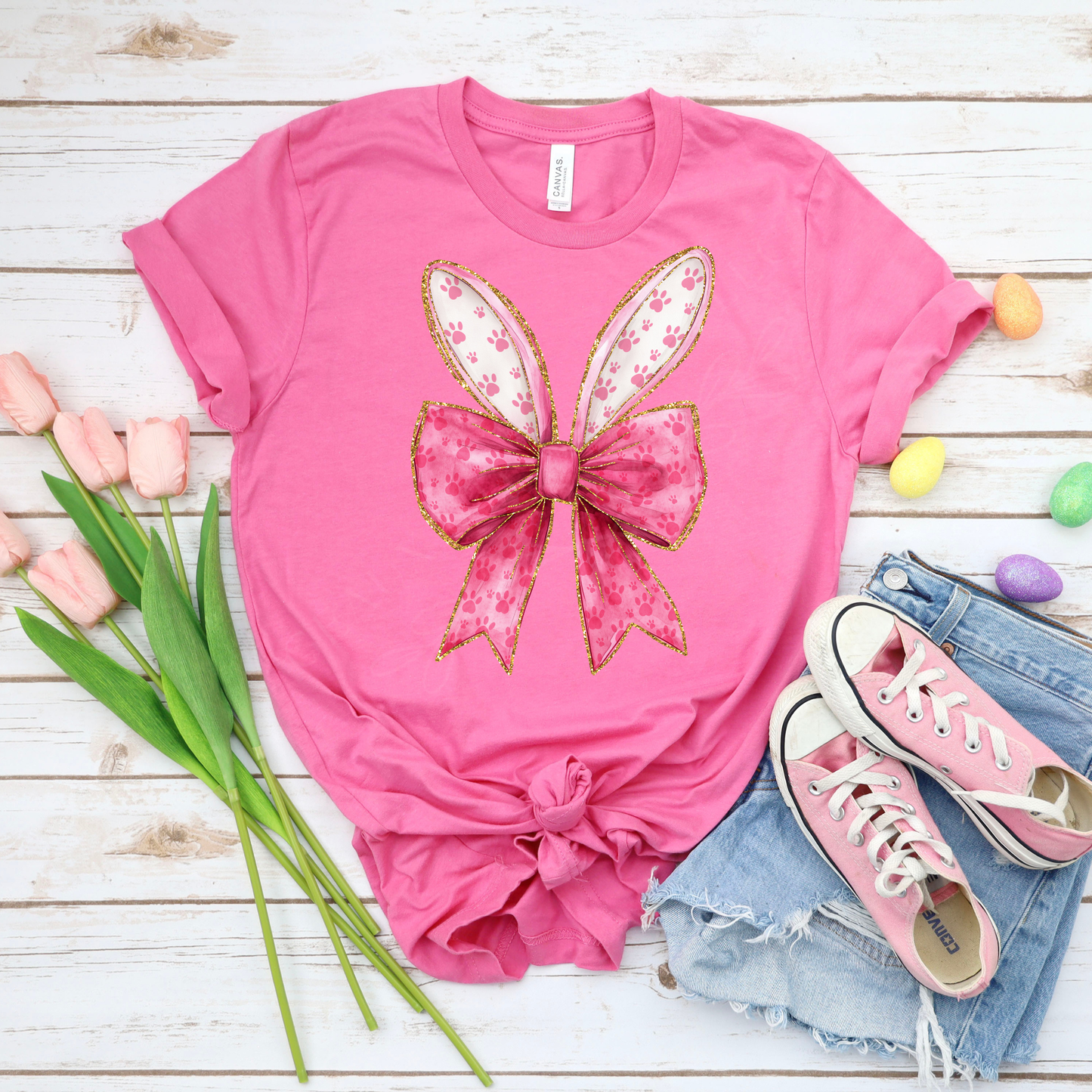 Pink Bunny Ears w/Bow - Charity Pink Bella Canvas