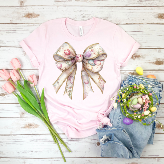Easter Bow w/Eggs - Soft Pink Bella Canvas