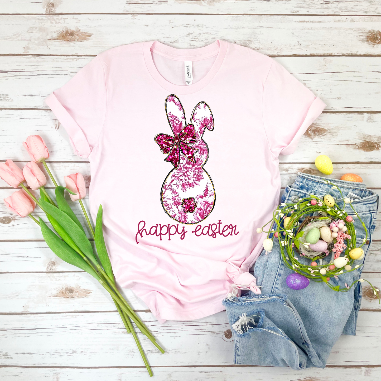 Happy Easter Pink Floral Bunny - Soft Pink Bella Canvas