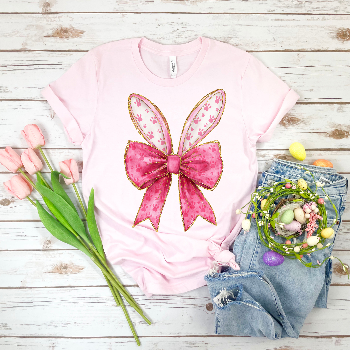 Pink Bunny Ears w/Bow - Soft Pink Bella Canvas