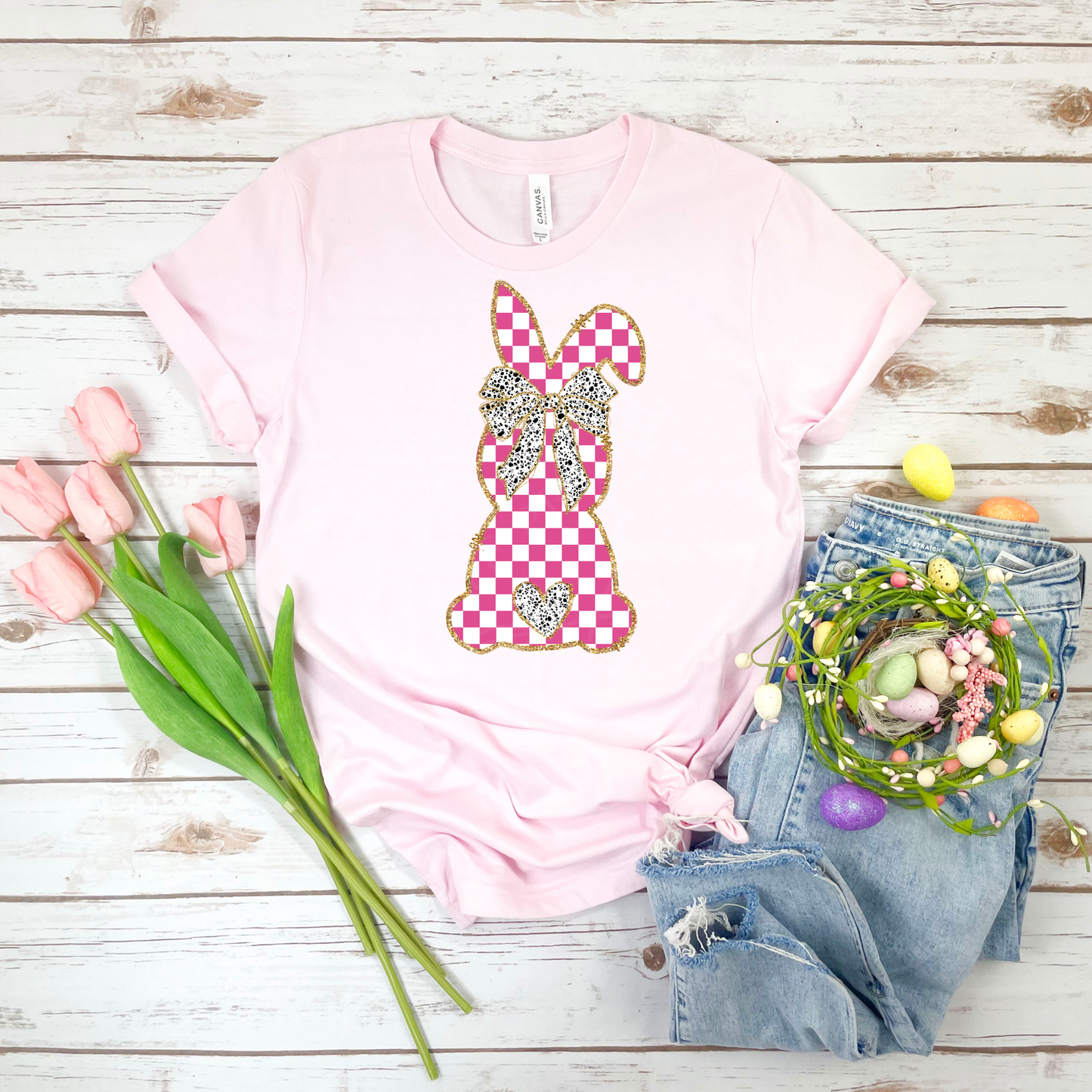 Plaid Bunny - Soft Pink Bella Canvas