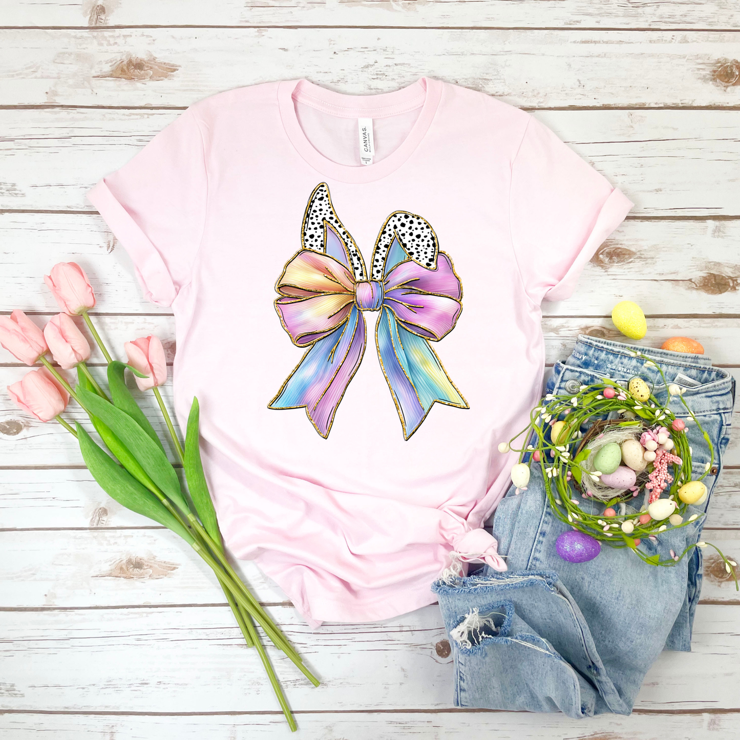 Spotted Ears Bow - Soft Pink Bella Canvas