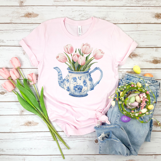 Tulip Floral Tea Pot - Soft Pink Bella Canvas