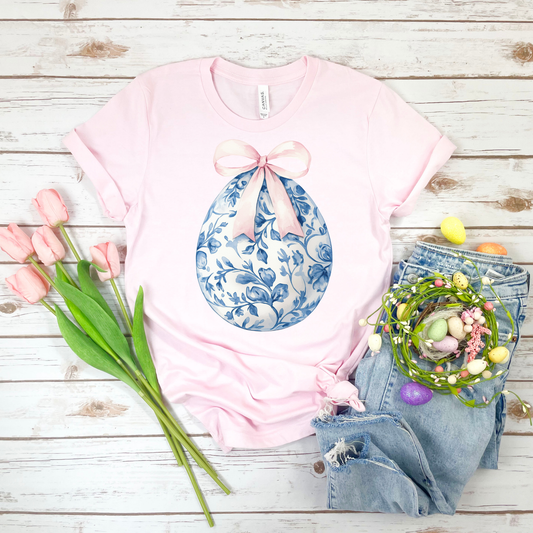 Blue Floral Egg w/Pink Bow - Soft Pink