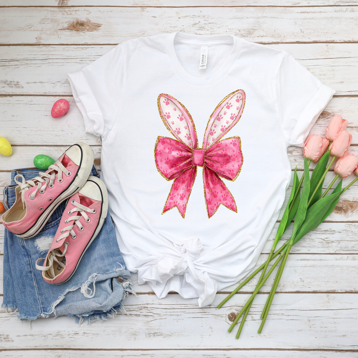 Pink Bunny Ears w/Bow - White Bella Canvas
