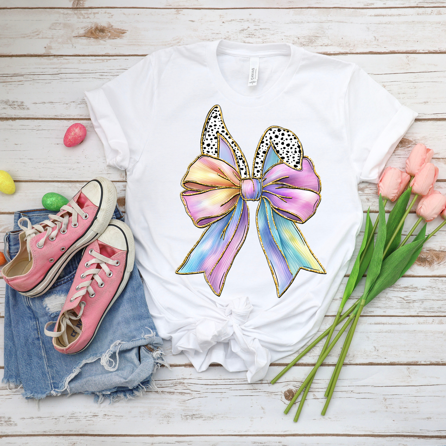 Spotted Ears Bow - White Bella Canvas