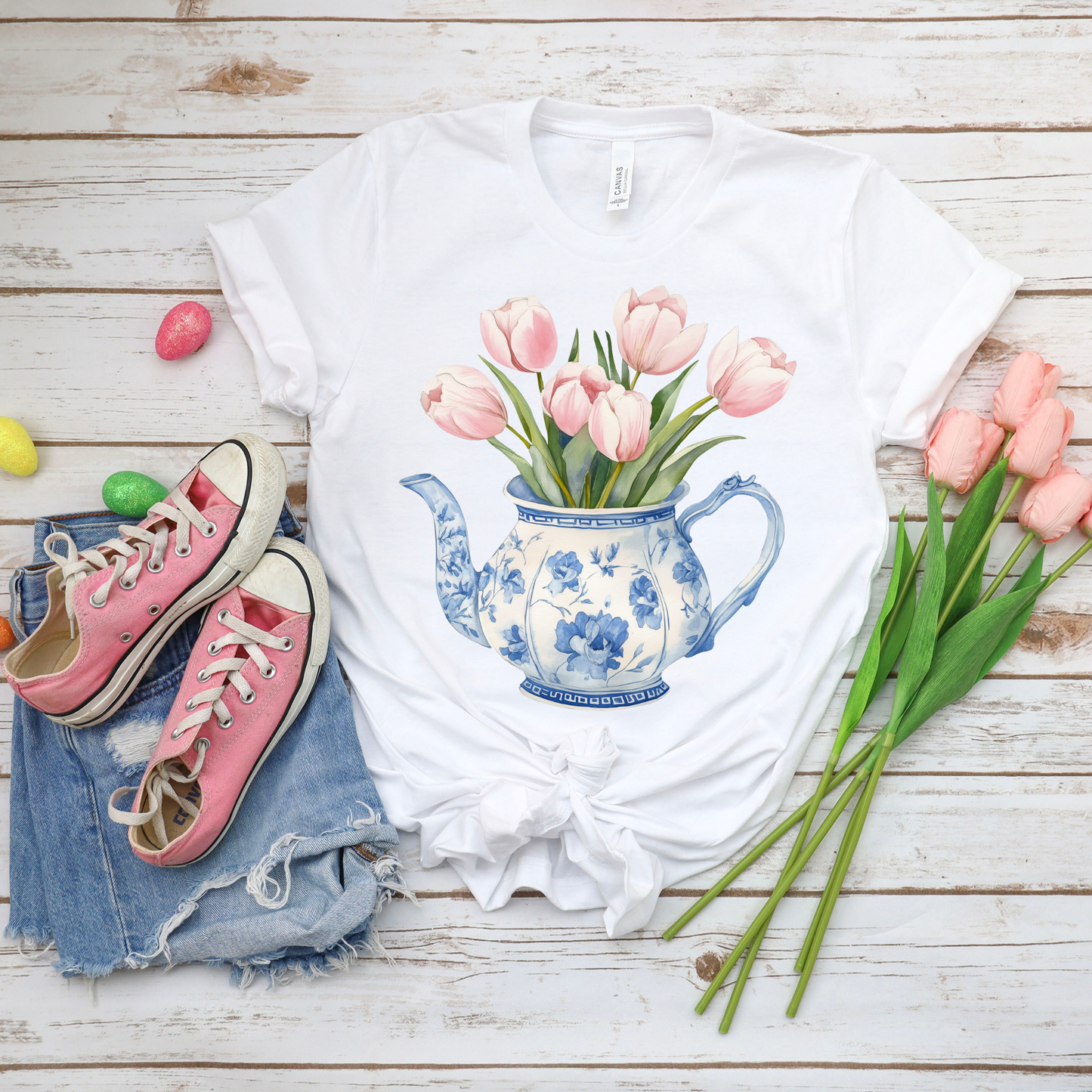 Tulip Floral Tea Pot - White Bella Canvas