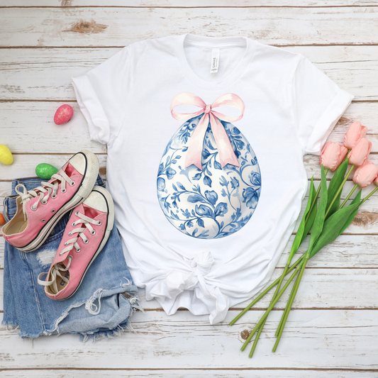 Blue Floral Egg w/Pink Bow - White Bella Canvas